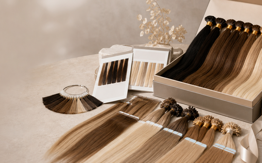 Human hair extension sample kit and colour swatches